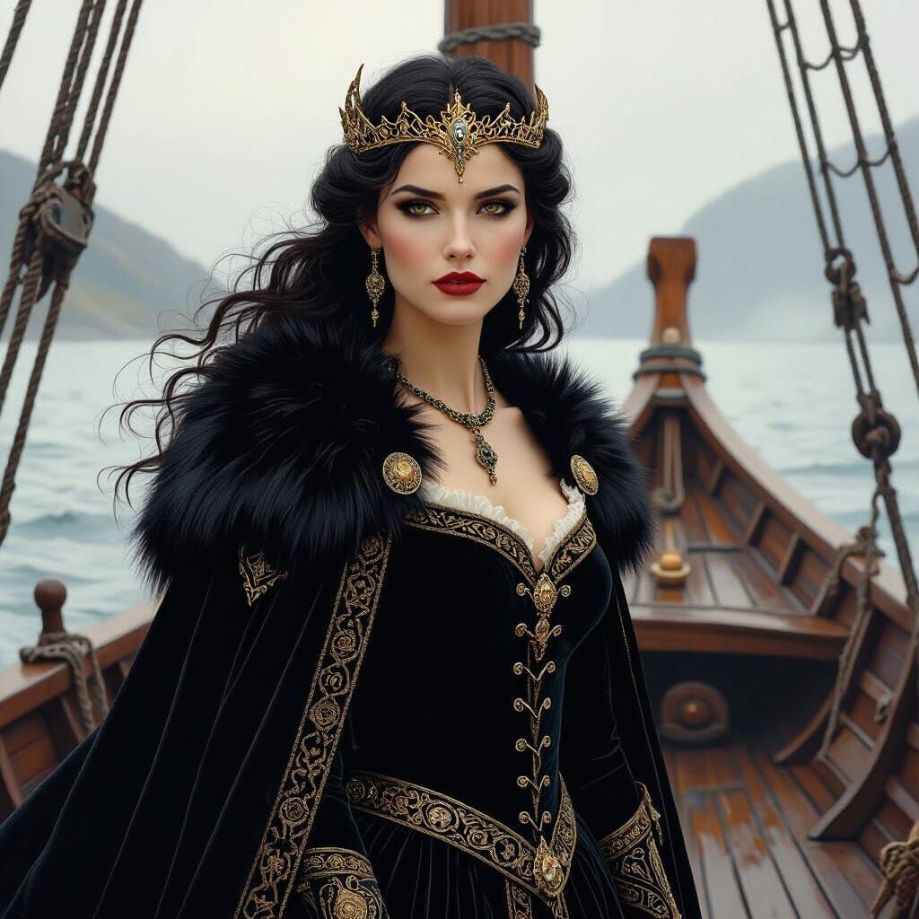 Valkyrie on Longship in Illustrative Style