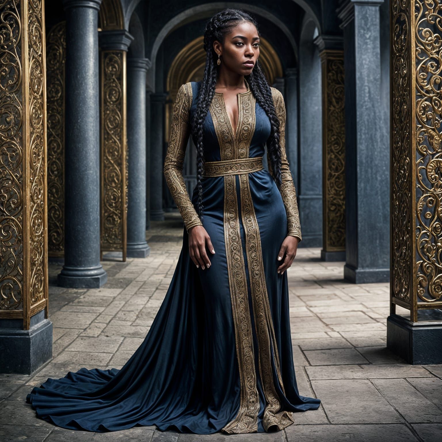 Elegant Black Woman in Blue and Gold Gown
