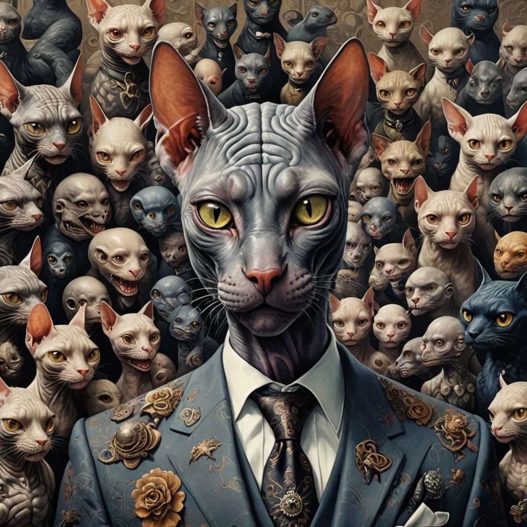 Tattooed Sphinx Cat Buying a Suit, Sinister Art