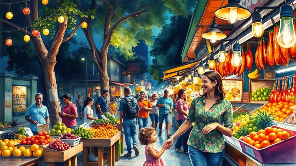 Vibrant Rio Night Market in Watercolor