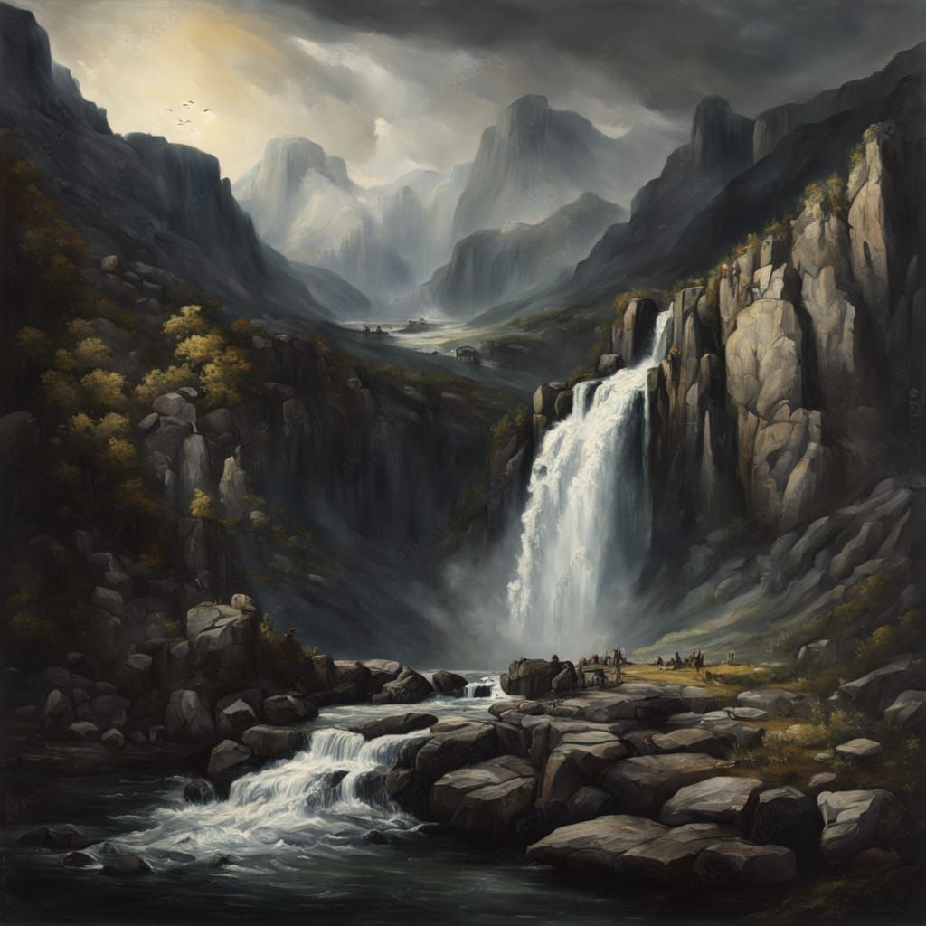 Spectacular Waterfall in Dark Mountainscape, Classical Paint...
