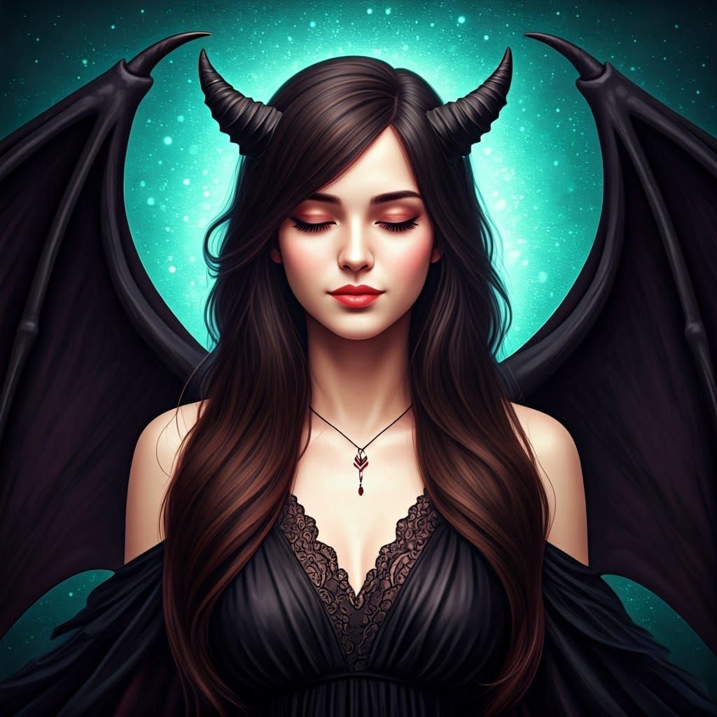 Enigmatic Demoness in Ethereal Teal Dreamscape