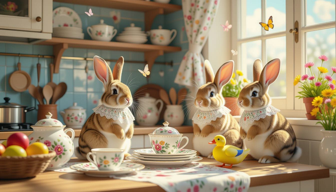 Colorful Rabbit Kitchen Scene in Folk Art Style