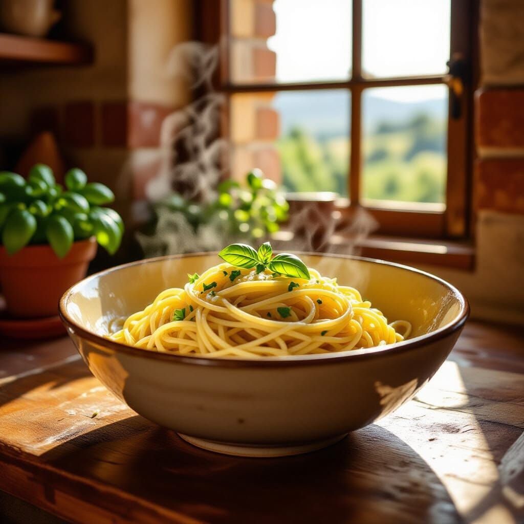Rustic Italian Kitchen Scene with Butter Garlic Pasta