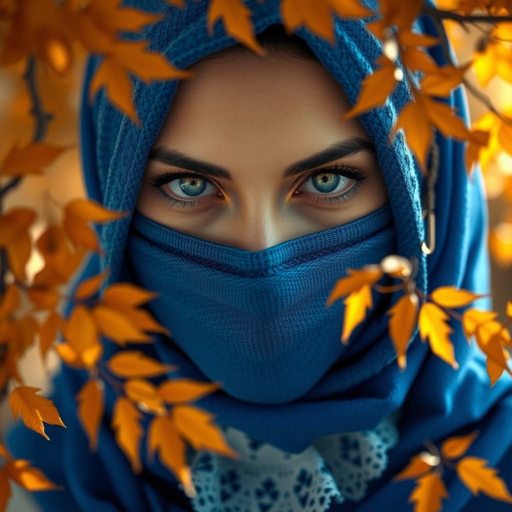 Woman in Blue Hijab with Piercing Green Eyes