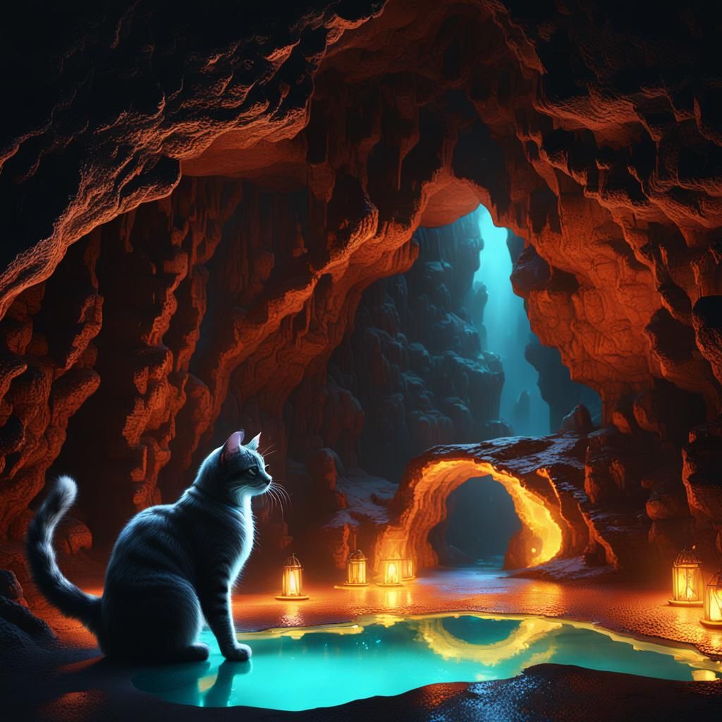 Cat Drinks from Glowing Pool in Dark Cave