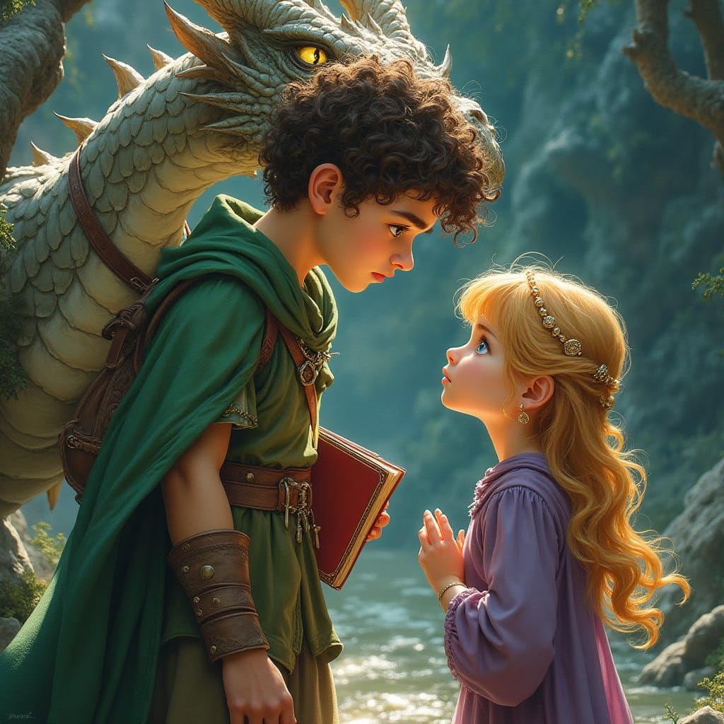 Teenager and Dragon in Romantic Fantasy Landscape