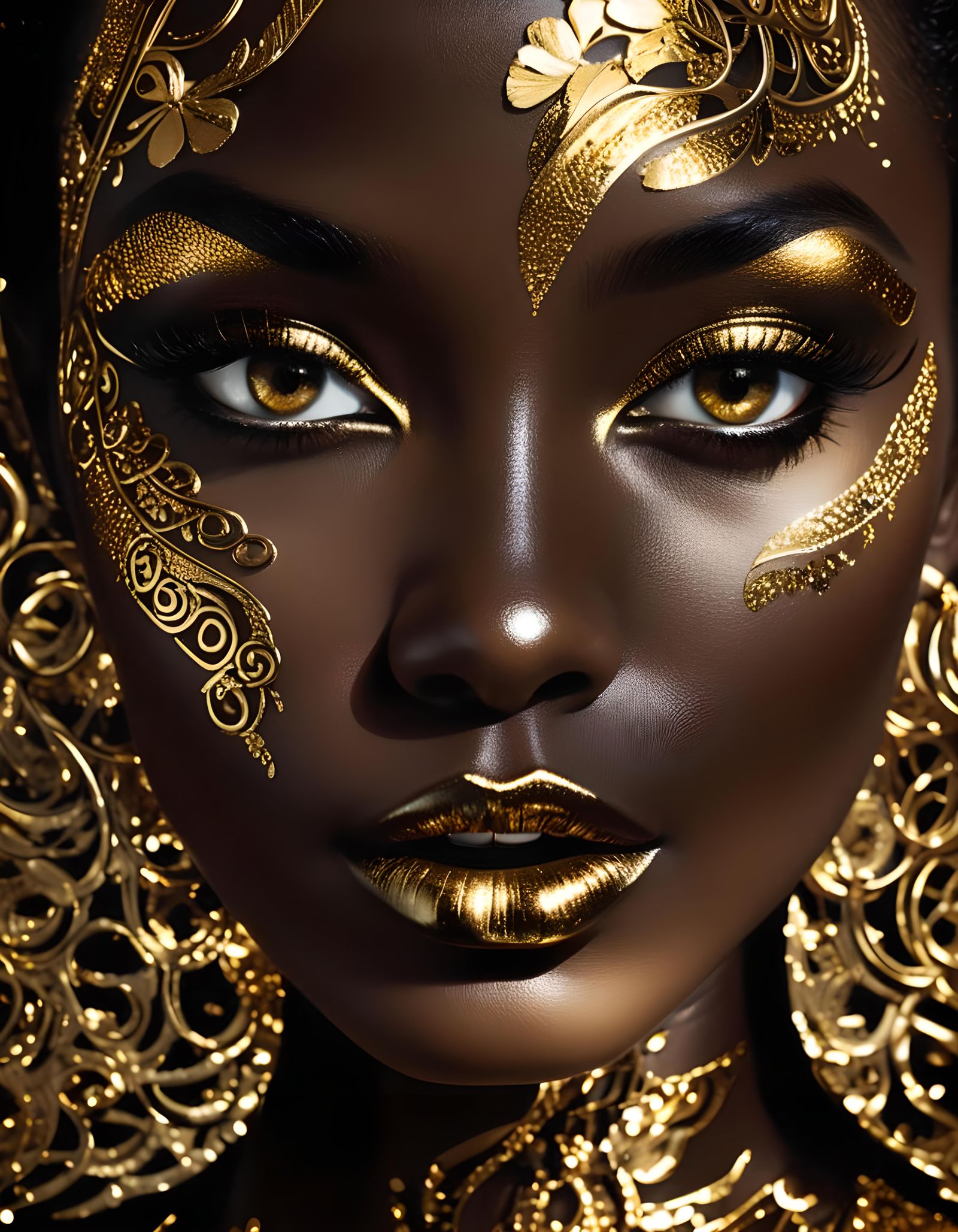 Golden Glamour: Woman with Gold Makeup in Klimt Style