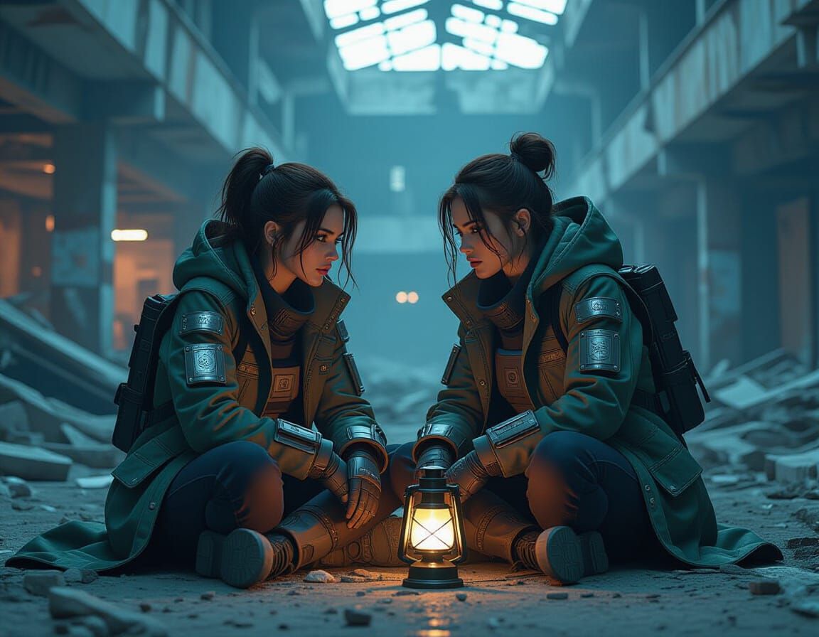 Radiant Figures in Retro-Futuristic Ruins