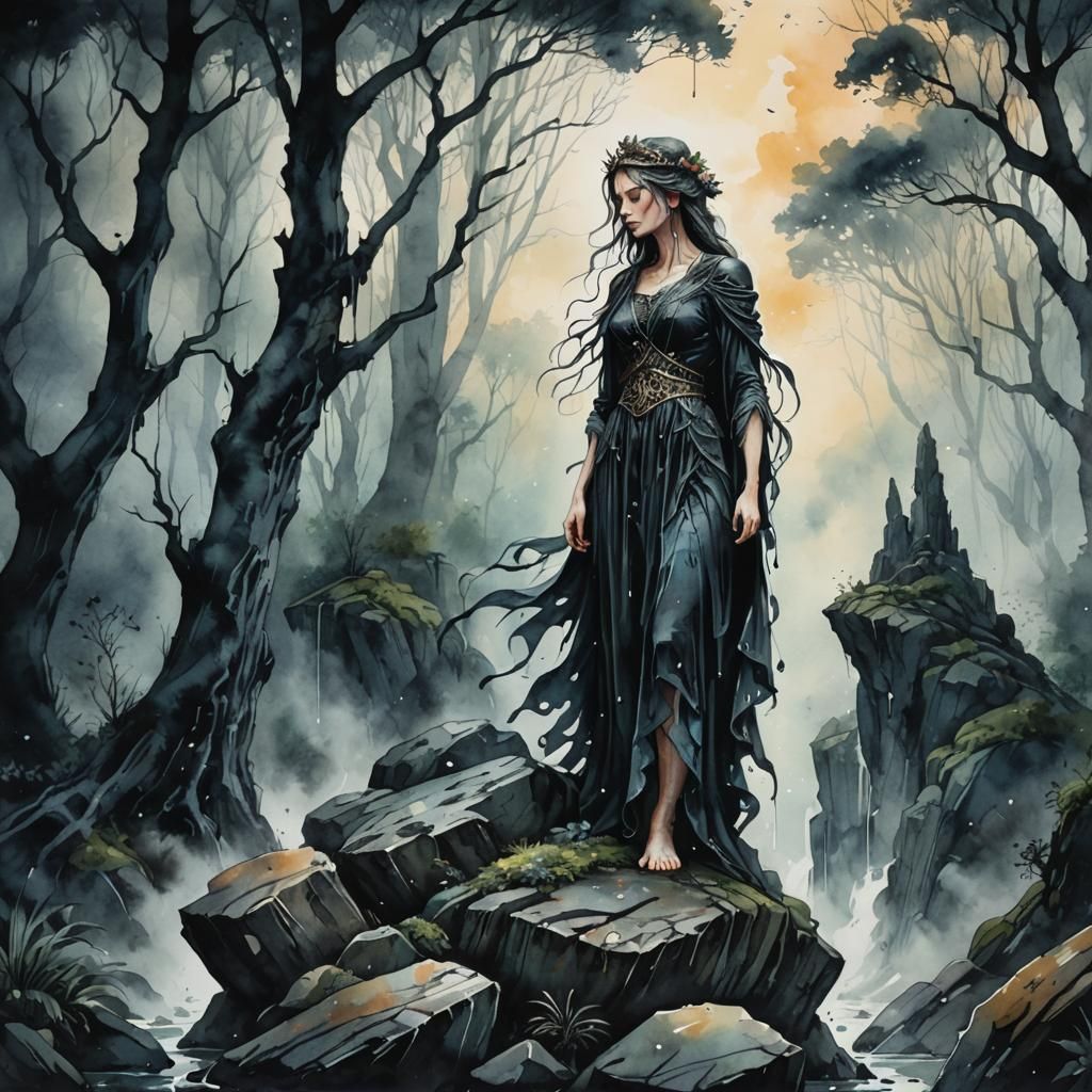 Fantasy Empress: Watercolor Art with Black Oil Tears