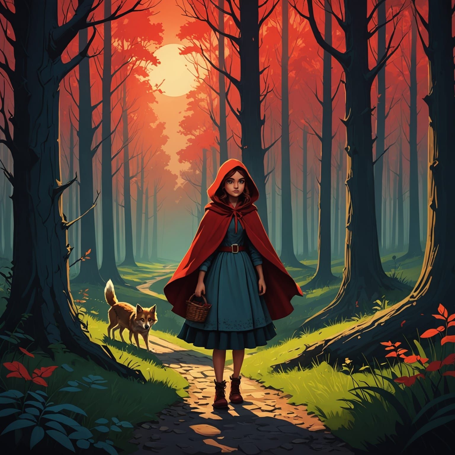 Little Red Riding Hood in Sunny Forest
