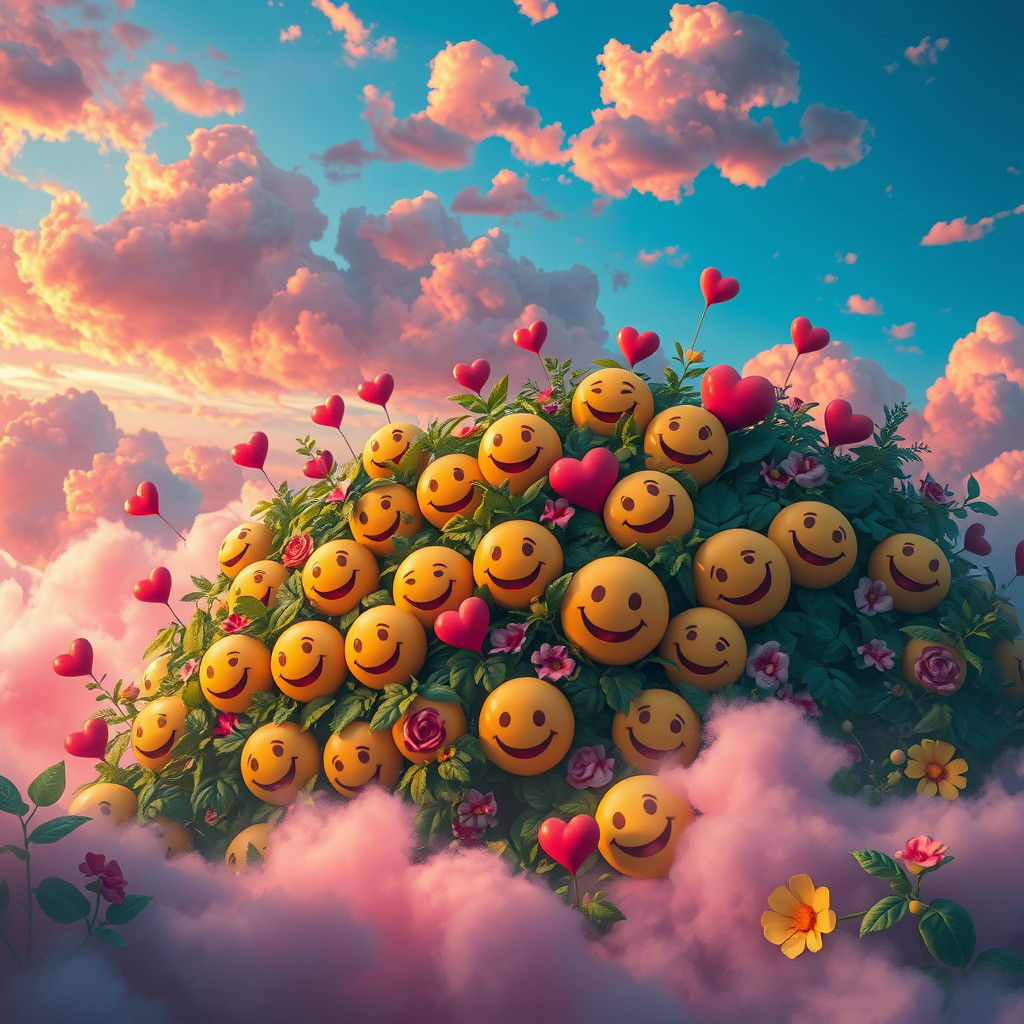 Smiley Faces and Hearts in Dreamlike Landscape