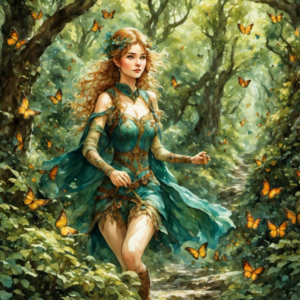 Elf Walking in Fantasy Forest Comic Style