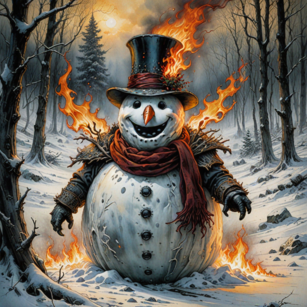 Surprised Flaming Snowman in Cyberpunk Watercolor