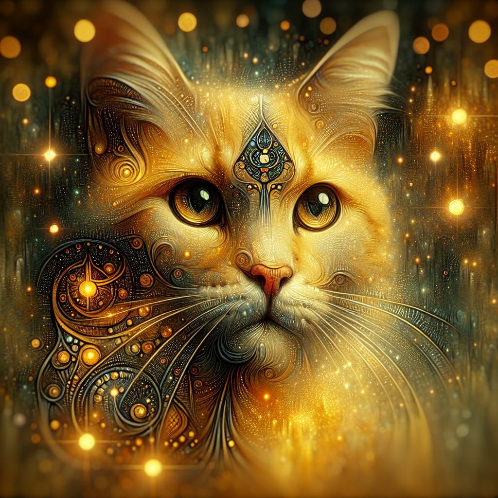 Cat in Jugendstil Style with Gold and Fairy Lights