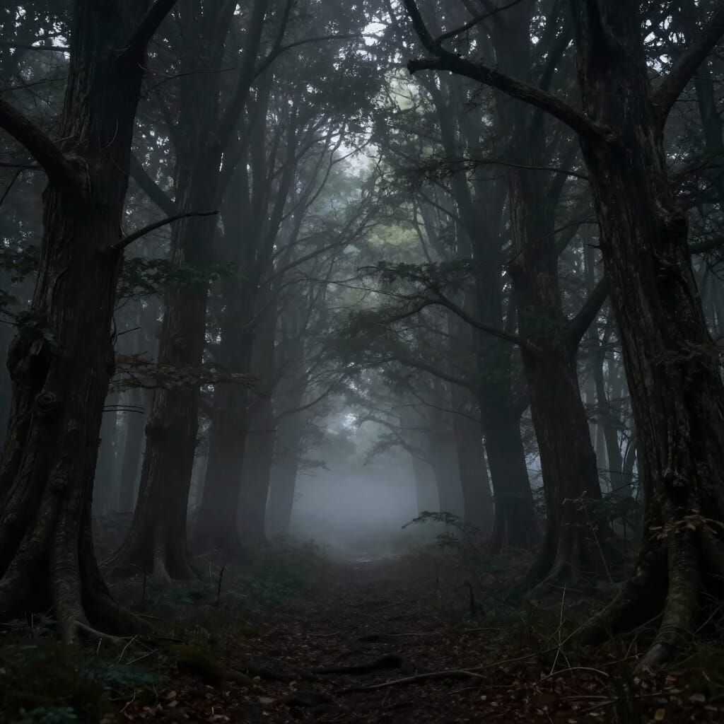 Dark Fantasy Forest in Ethereal Mist