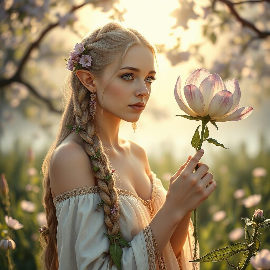 Elven Woman in Meadow, Art Nouveau Style