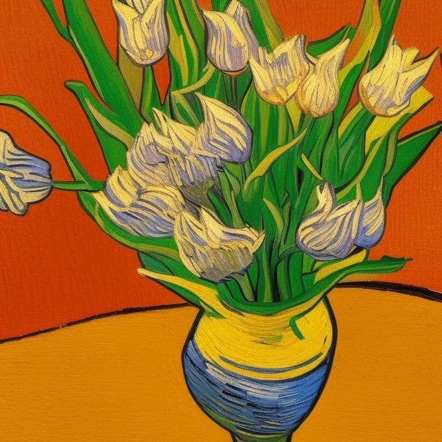 Beautiful vase of tulips painted in the style of Vincent Van Gogh Van Gogh contrasting colors post-impressionism golden ...