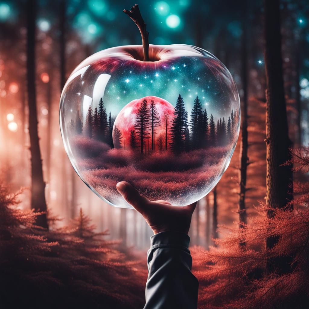 Crystal Apple Reflecting Stars in Forest