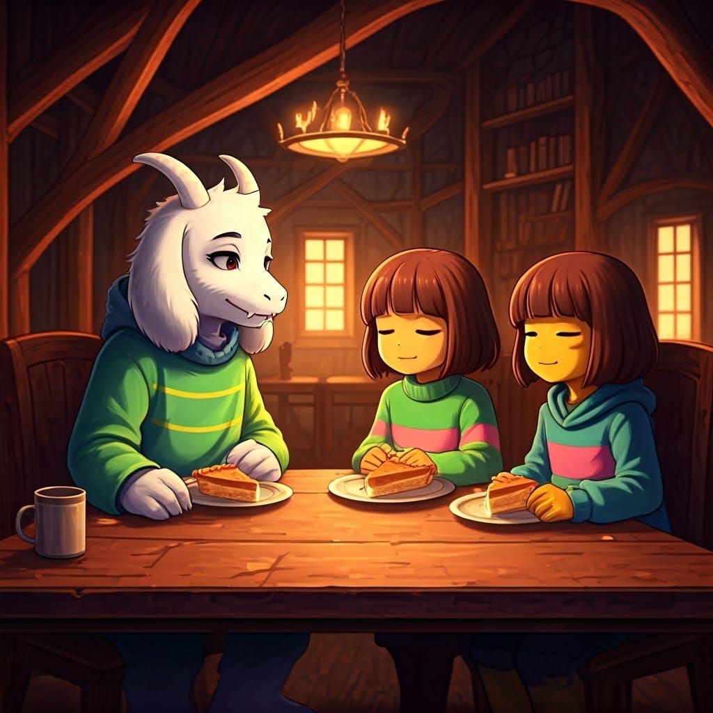 Cozy Fantasy Scene of Friends Enjoying Pie
