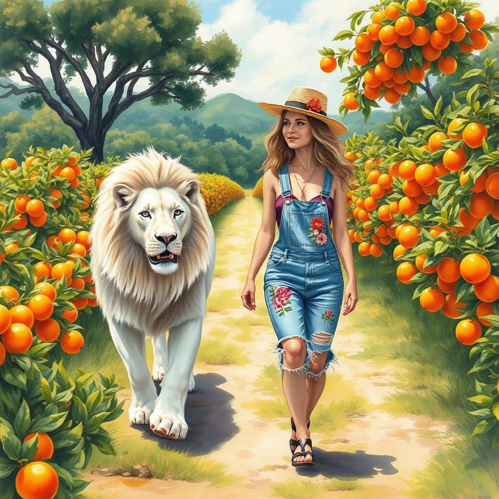 Vibrant Impressionist Masterpiece of Lady and Lion in Orange...