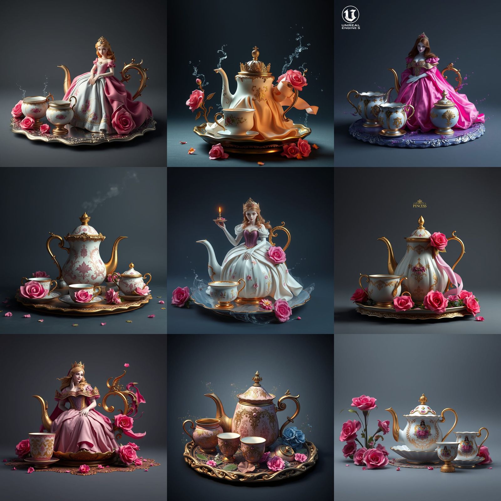 Fantastical Princess Tea Set: Detailed Matte Painting