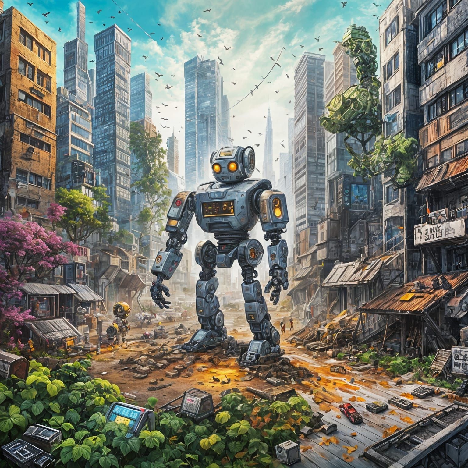 Post-Apocalyptic Robot Cityscape in Digital Art Style
