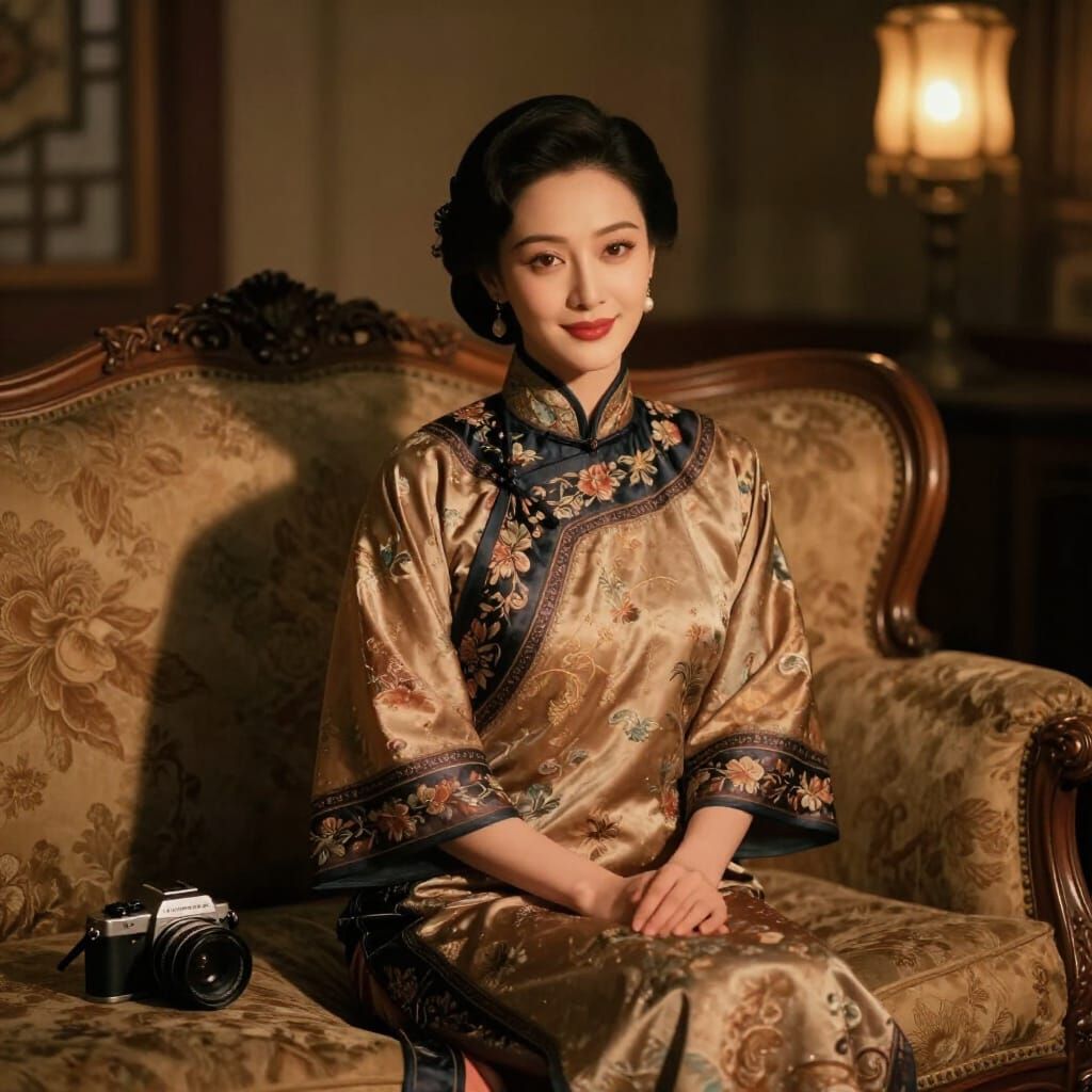 Woman in Traditional Clothing on Ornate Sofa