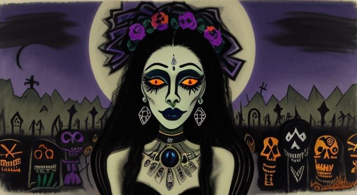 Ethereal Goth Goddess in Crescent Moonlit Cemetery