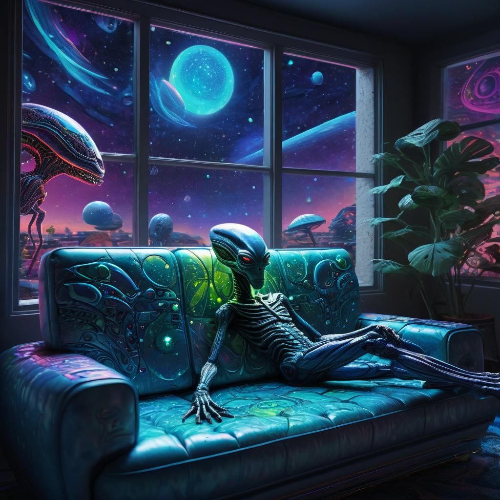 Space Alien on Couch in Surreal Cosmic Art