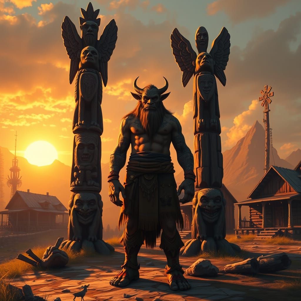Tauren in Sacred Site, Totem Poles, Sunset, Folk Horror Aest...