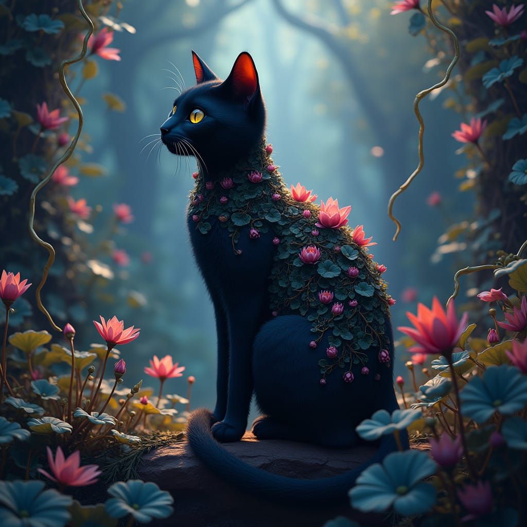 Whimsical Black Cat Amidst Vibrant Foliage