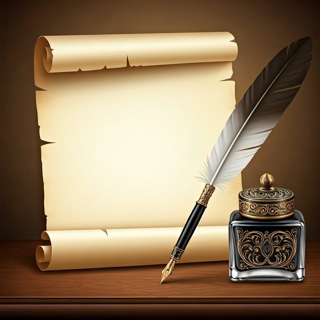 Vintage Letter Illustration with Elegant Quill and Ink Pot