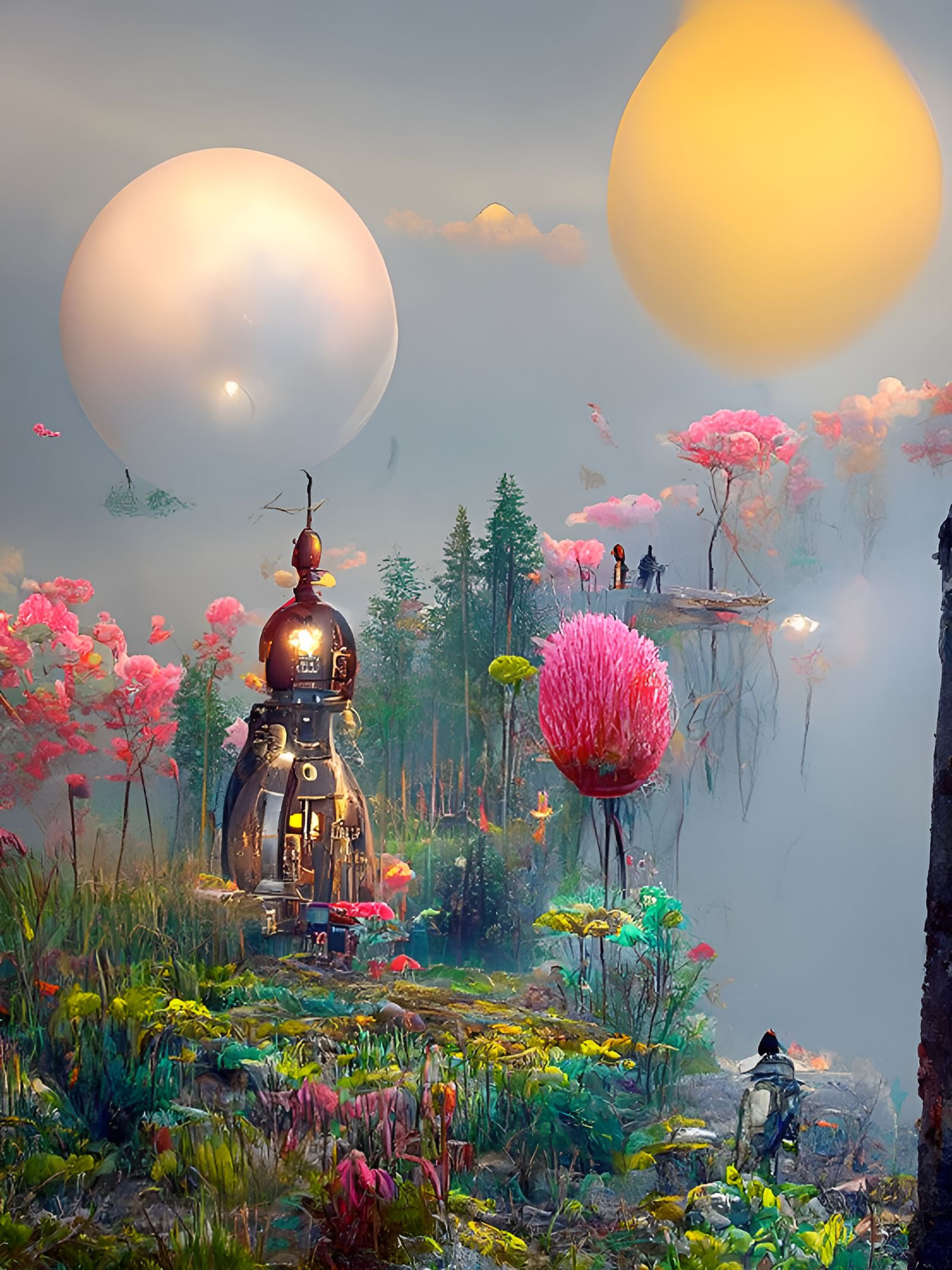 Sci-Fi Meadow Painting with Robot Reflections