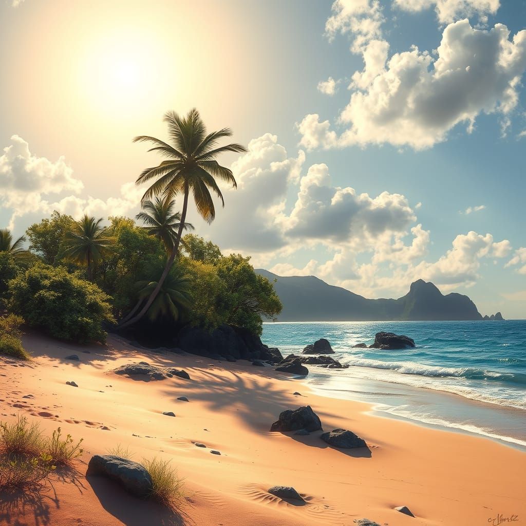 Desert Island Sunset with Black Pearls on Golden Beach