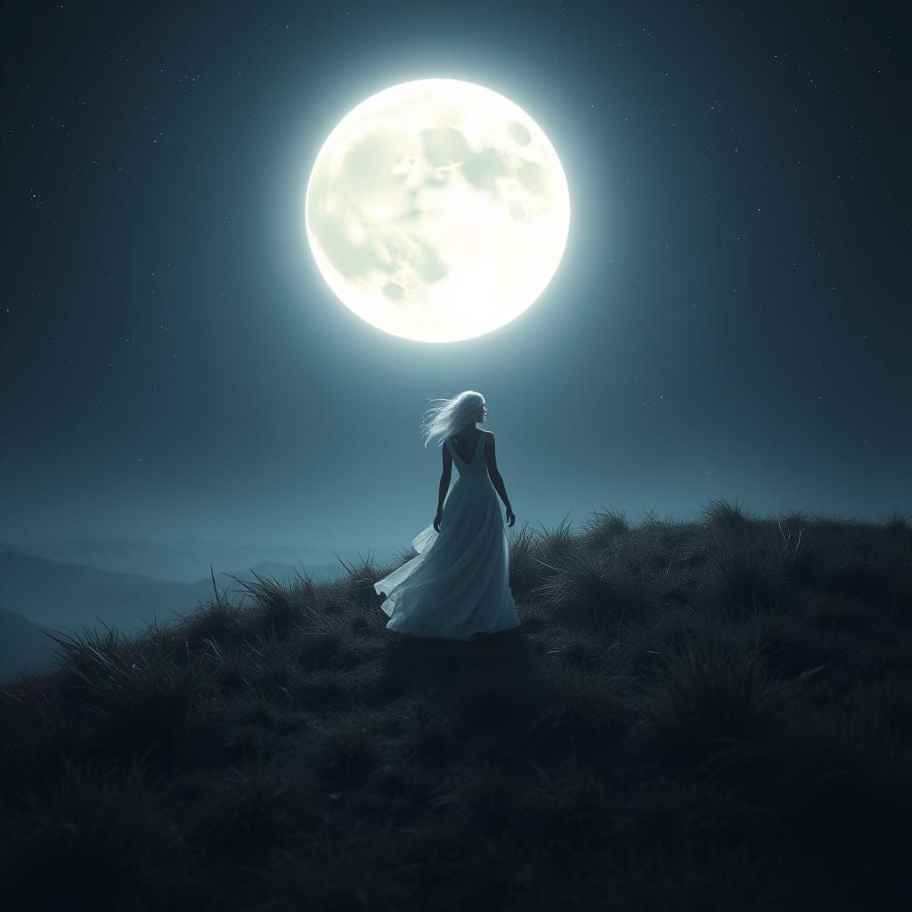 Albino Woman on Windswept Hill Under Moonlight
