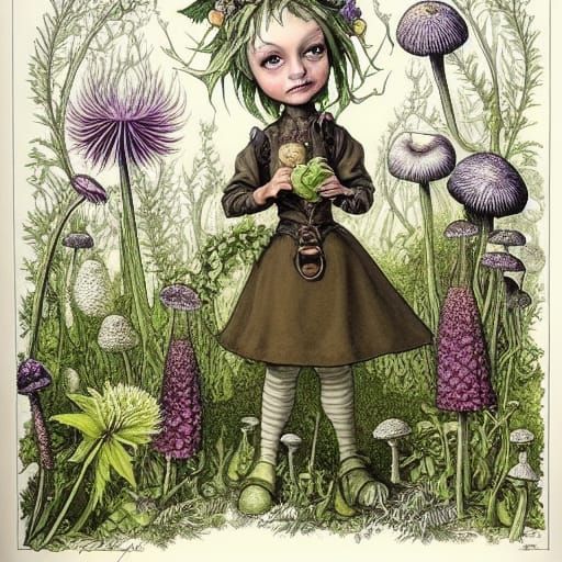 Pixie in Magical Botanical Garden Illustration