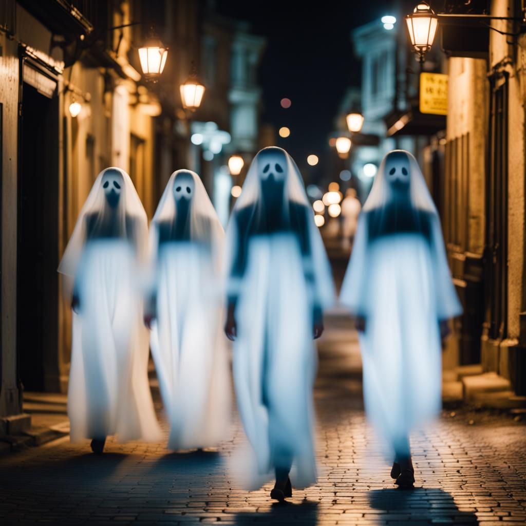 Ghostly Women Walk City Sidewalk: Professional Photography