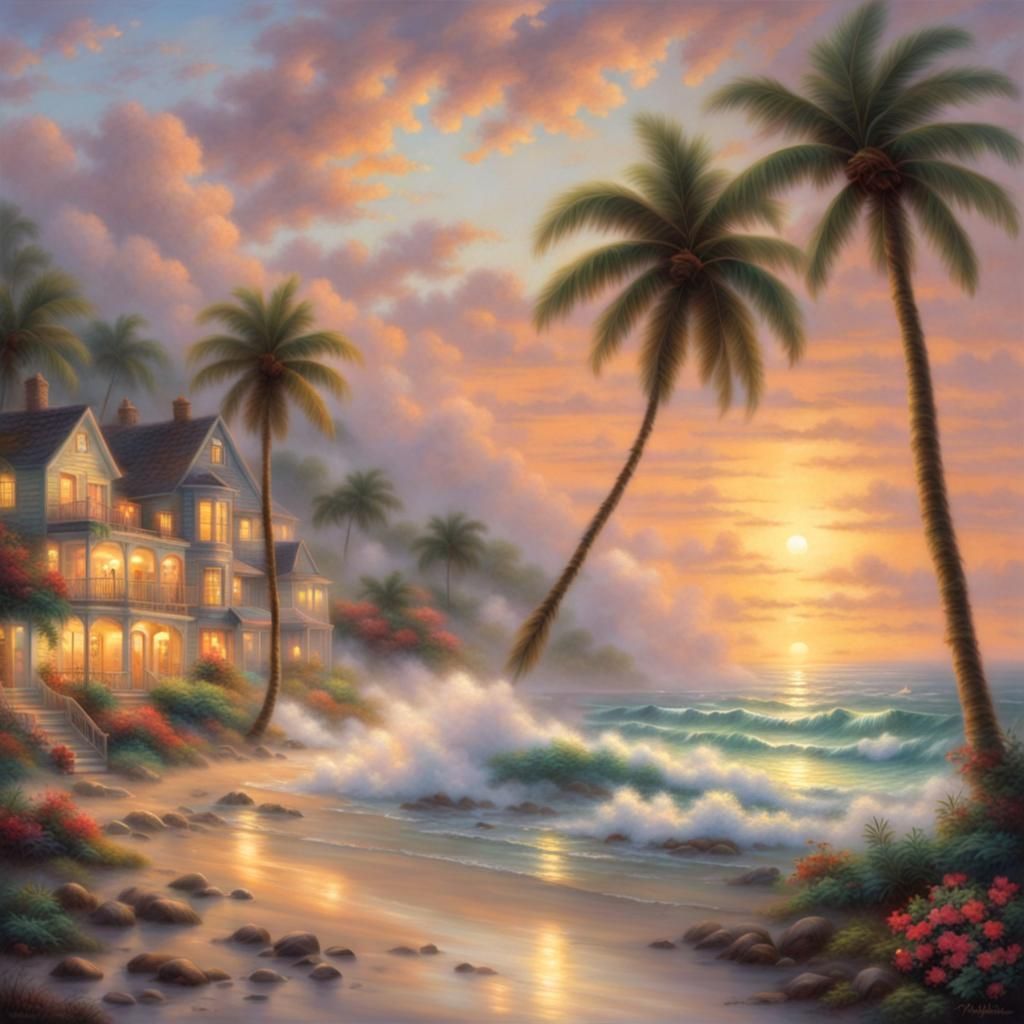 Tropical Beach Sunset in Ethereal Fantasy Style