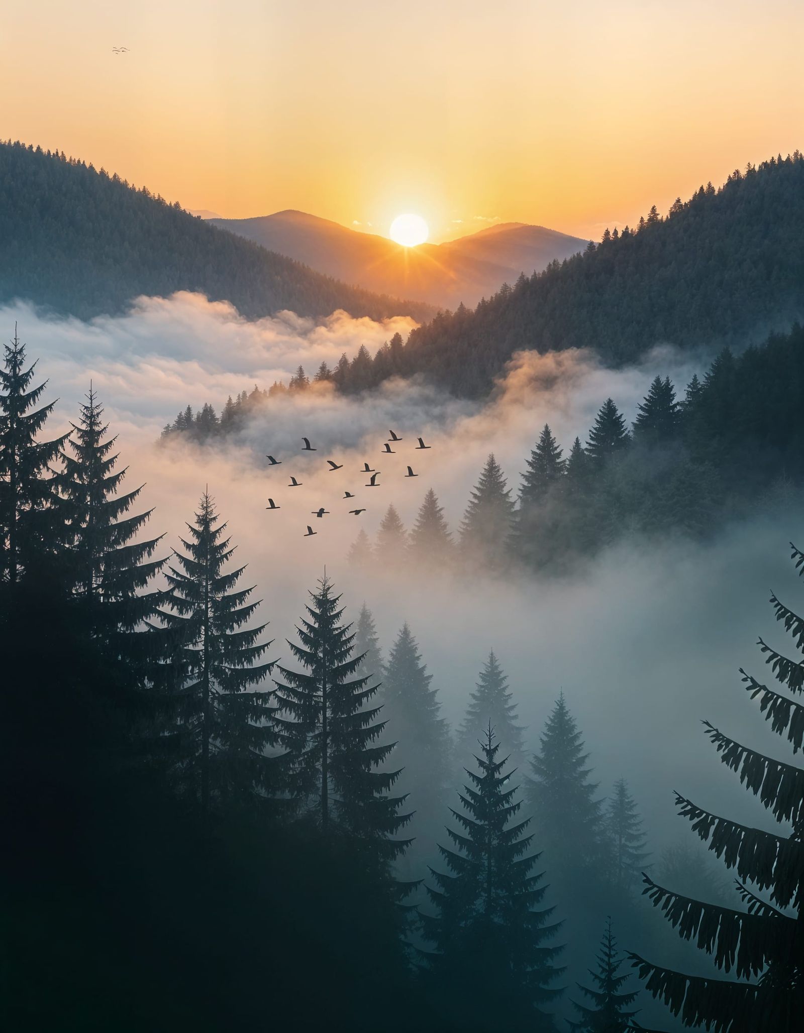 Peaceful Foggy Forest Valley with Amber Sunrise