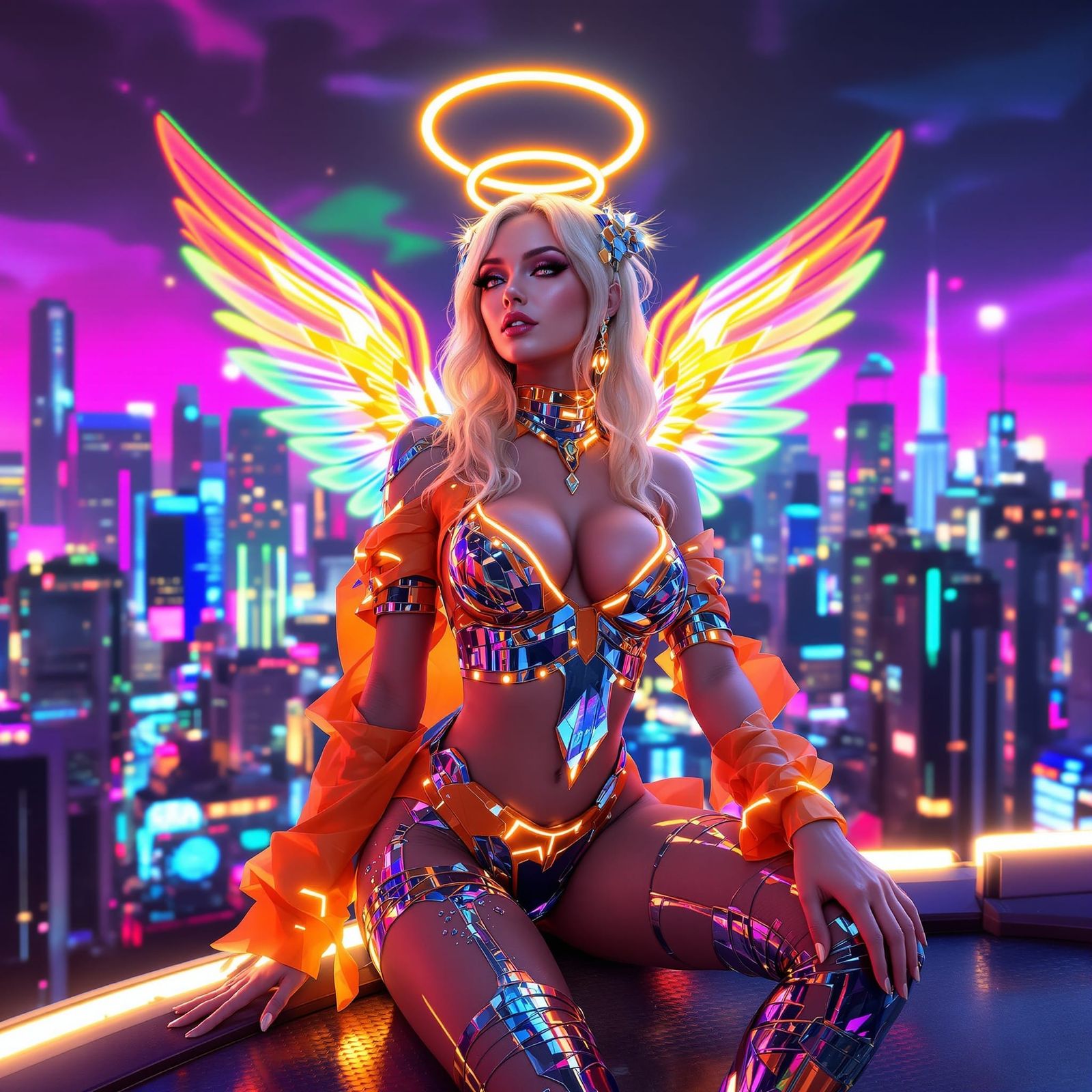 Futuristic Showgirl with Holographic Wings in Neon Cityscape