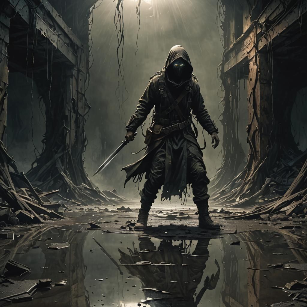 Figure Battles Shadow in Post-Apocalyptic Abyss