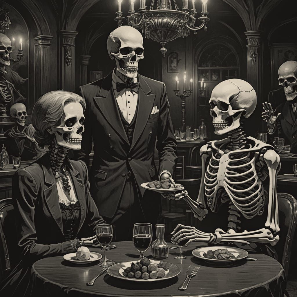Elegant Skeletons Dine in Gothic Film Noir