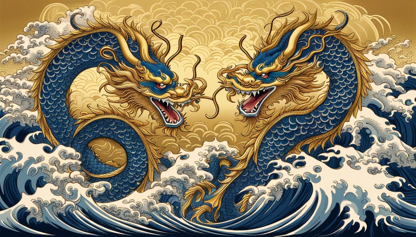 Epic Fusion: Mythical Gold Dragons Conquer the Blue Tempest
