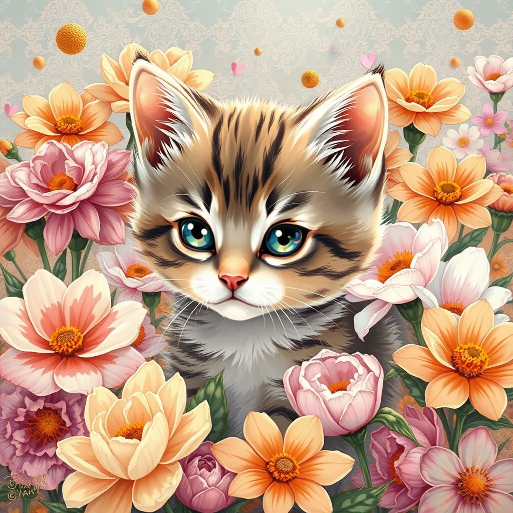 Whimsical Kitten in Floral Wonderland