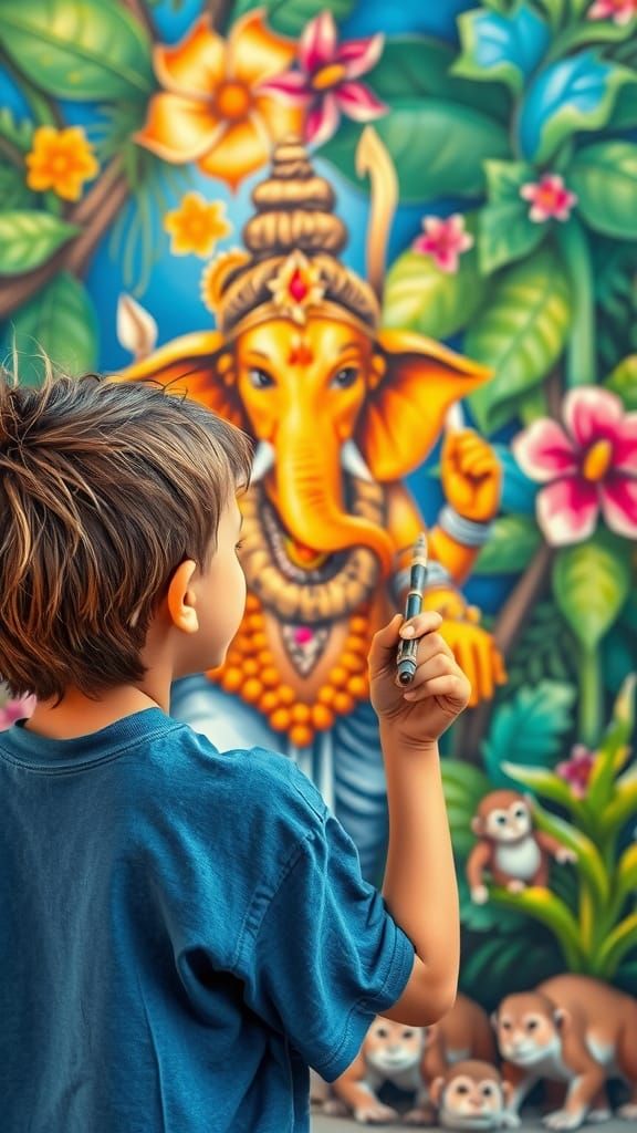 Vibrant Ganesha Mural in Lush Jungle Scene