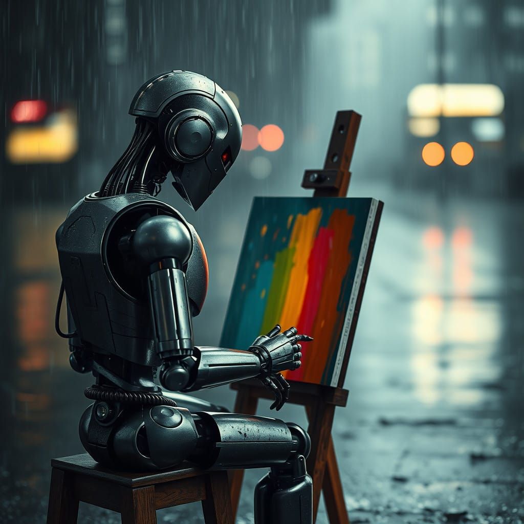 Ominous Robot Captures Moody Noir Scene with Vibrant Rainbow