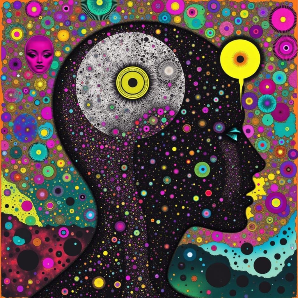 Surreal Psychedelic Head Devours Reflection Amid Glitch Stat...