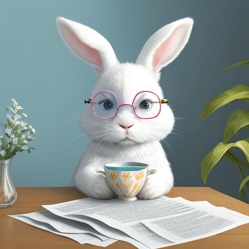 Hyperrealistic Bunny Reading Newspaper in Bed