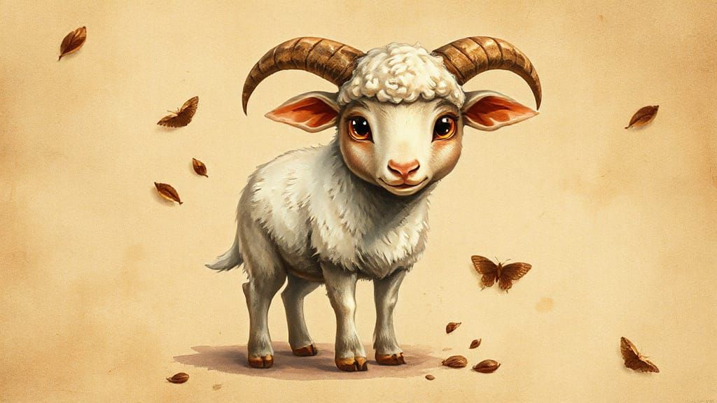 Whimsical concept art. Medium shot. A fantasy sheep creature on old coffee stained parchment. Watercolour style. Earthy ...